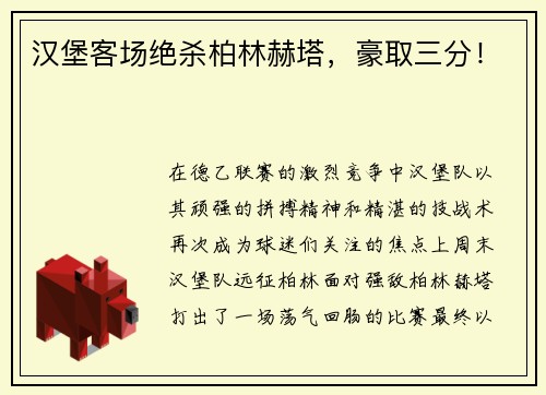 汉堡客场绝杀柏林赫塔，豪取三分！